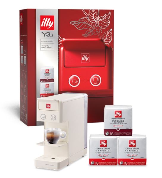 illy Y3.3 Christmas box – macchina da caffè Iperespresso Y3.3 Bianca + 3 confezioni di capsule